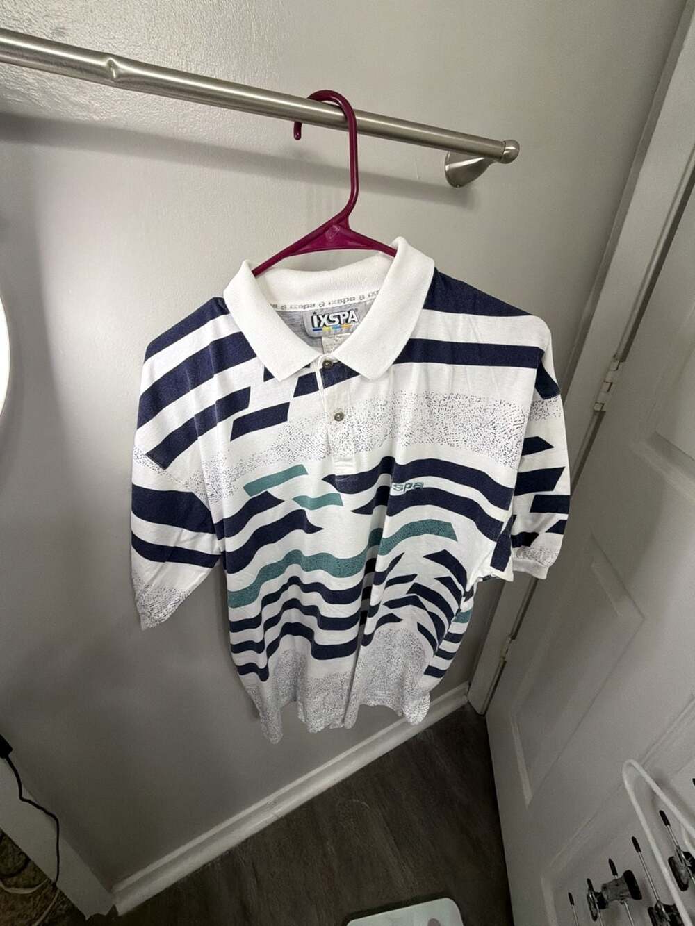 Vintage 90s IXSPA Mens M Polo Shirt Geometric Stripe Golf Tennis 100% Cotton